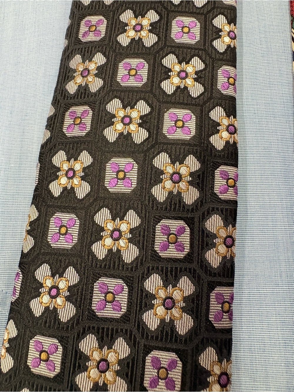 Italian Black Floral Geometric Silk Tie with Purple and Gold Accents